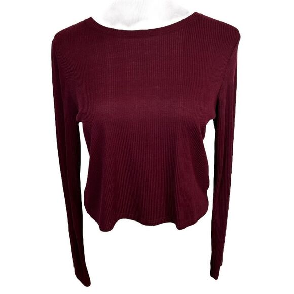 Divided Burgundy Long Sleeve Longer Crop Top Crew Neck Basic Dark Fall Winter - Picture 1 of 4